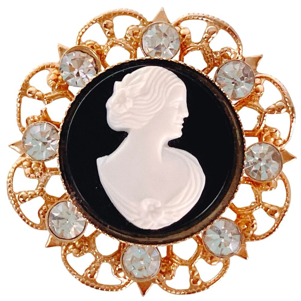 Vintage Cameo Resin Brooch Gold Tone Filigree Rhinestones Mid Century 1960s